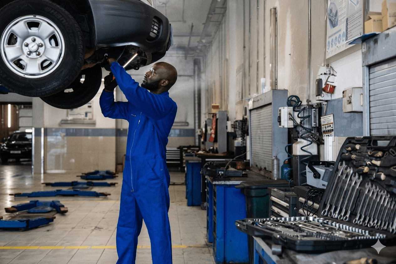 Mechanics working on a vehicle in the Rhinos Auto Labs workshop